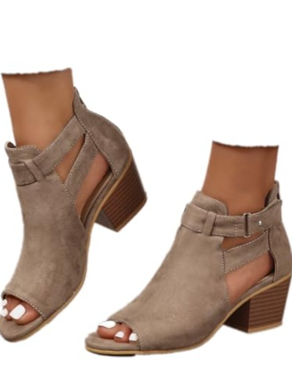 Womens Peep Toe Ankle Booties Chunky Heel Cutout Back Zipper Suede Dress Sandals